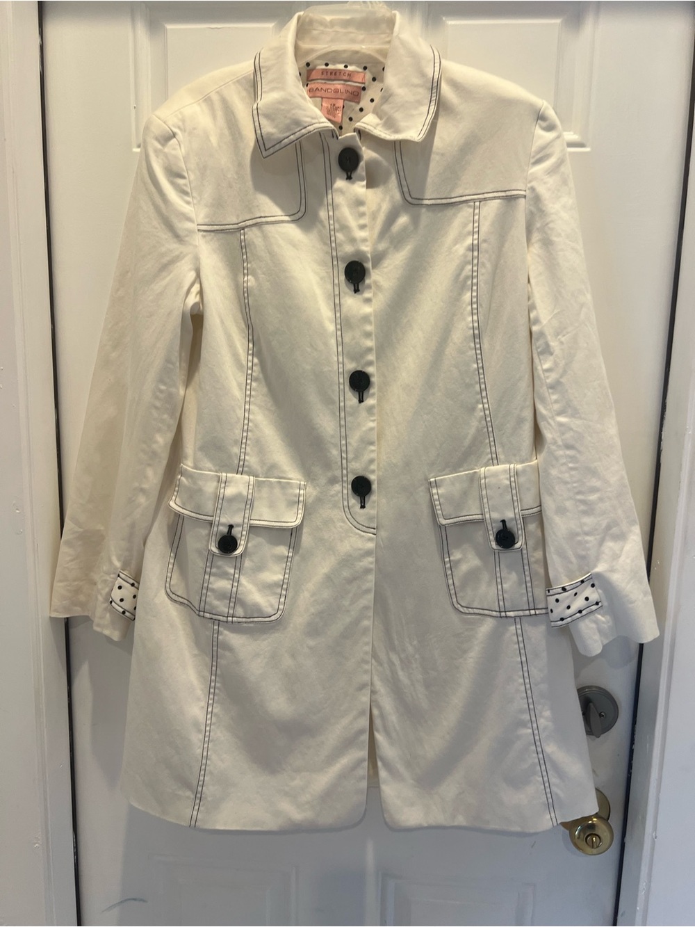 Bandolino Ivory Black Stitch Long Sleeve Trench Long Coat Women's Size 12